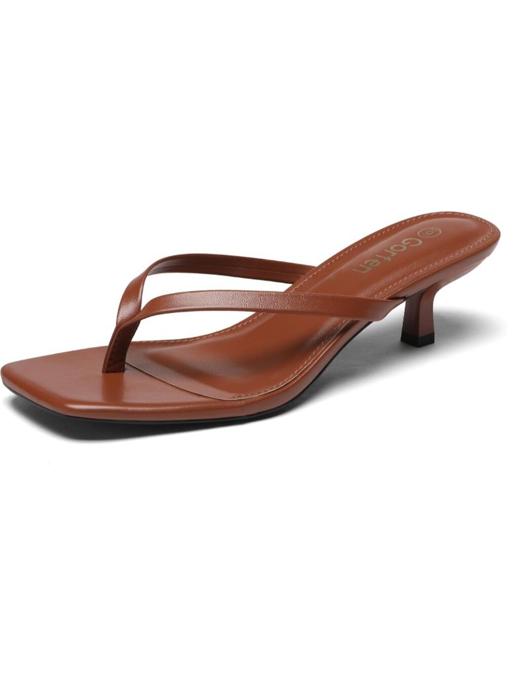 Women Brown Solid Open Square-Toe Slip-On Thong Flip-Flop Kitten Heeled Sandal